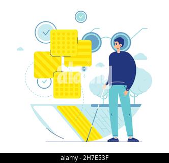 Blind man with cane crossing road at crosswalk with tactile warning tiles. Barrier free environment, vector illustration Stock Vector