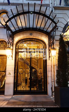 Marriott Hotel at night in Paris, along the Champs de Elysees, one of the most famous boulevards in the world. Stock Photo