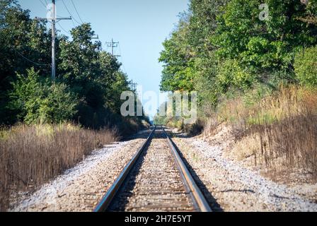 Looking down railroad tracks in rural Wisconsin.  Powerlines to the left. Early fall. Stock Photo