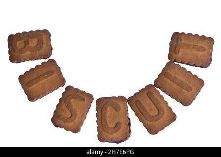 On a white clipping background, the word BISCUIT is laid out in a semicircle of cookies in the center of the frame Stock Photo