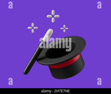 Simple magic wand tool with hat 3d render illustration. Isolated object on background Stock Photo