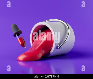 Simple paint bucket tool with red spill paint on floor and color picker 3d render illustration. Isolated object on background Stock Photo