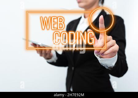 Writing displaying text Web Coding. Business overview work involved in developing a web site for the Internet Presenting New Technology Ideas Stock Photo