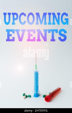 Text sign showing Upcoming Events. Business concept thing that will happens or takes place soon planned occasion Writing Important Medical Notes Stock Photo