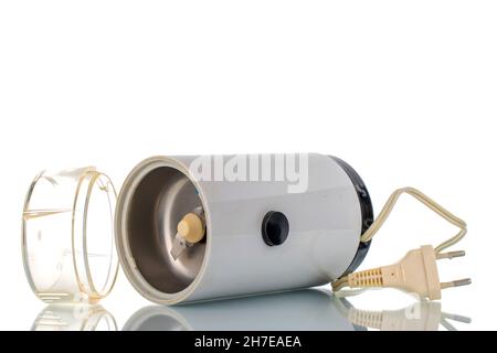 One old electric coffee grinder, close-up, isolated on white. Stock Photo