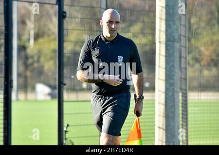 Swansea, Wales. 22 November, 2021. Assistant Referee Liam Beames during the Professional Development League game between Swansea City Under 23s and Charlton Athletic Under 23s at the Swansea City Academy in Swansea, Wales, UK on 22, November 2021. Credit: Duncan Thomas/Majestic Media. Credit: Majestic Media Ltd/Alamy Live News Stock Photo