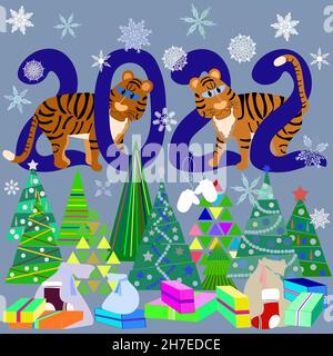 https://l450v.alamy.com/450v/2h7edce/new-year-greeting-card-with-tigers-2h7edce.jpg