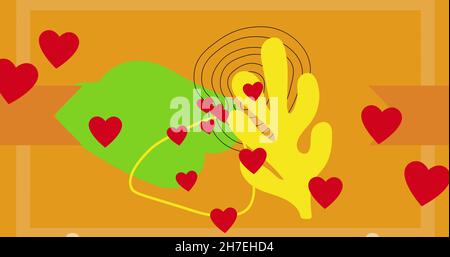 Image of illustration of green and yellow abstract leaf shapes with red hearts on orange Stock Photo
