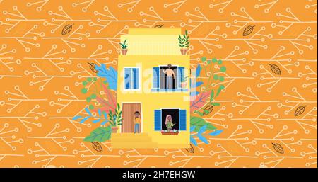 Image of illustration of happy parents and son in yellow house, on orange with twigs and leaves Stock Photo