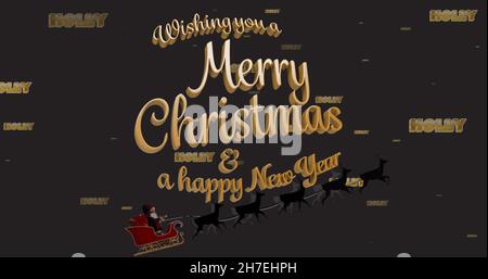 Image of holly, christmas and new year greetings text in gold, with santa in sleigh and reindeer Stock Photo