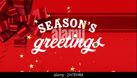 Image of season's greetings text in white and falling gold stars over red christmas decorations Stock Photo