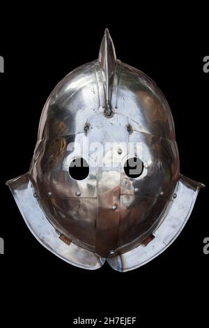 Secutor-class roman gladiator helmet. Isolated over black Stock Photo