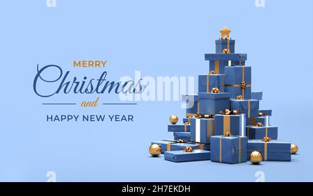 Merry Christmas greeting card with pile of gifts shaped like a Christmas tree. Xmas and happy new year type for banner design in 3D illustration Stock Photo