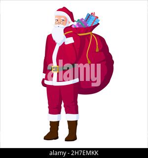 Santa Claus Carrying Big Gift Sack Bag, Christmas Vector Illustration Stock Vector