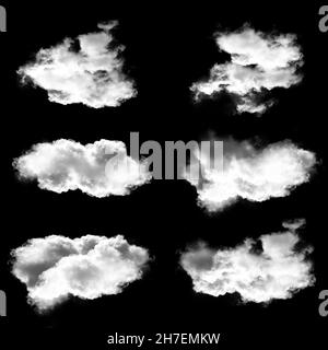 White clouds set, natural 3D illustration of fluffy cumulus clouds isolated over black background, cloudscape 3D rendering Stock Photo