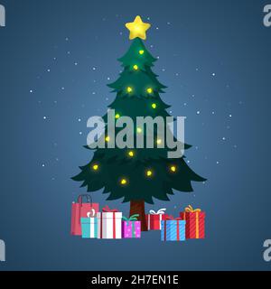 Decorated Christmas Tree With Star, Light Bulbs And Gift Box Around Illustration Stock Vector