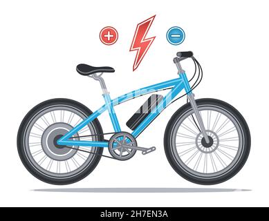 Electric bike with electrical wheel motor. E-bike, hybrid bicycle with electro power engine, pedal assist system, energy battery accumulator. Vector Stock Vector