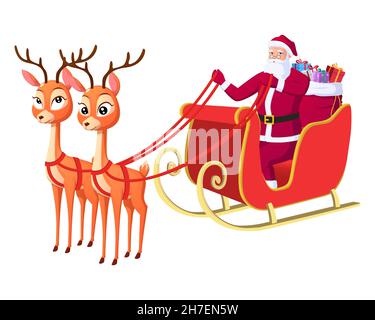 Santa Claus Riding Sleigh With Reindeer and Gift Bag Isolated Vector Illustration Stock Vector