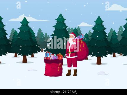 Santa Claus Cartoon Character In Snow Pine Forest With Bag Containing Gift Box Vector File Stock Vector
