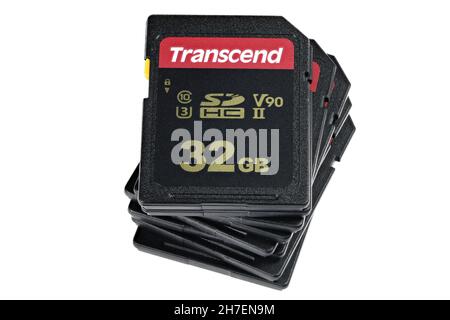 32 GB Transcend 700S UHS-II SD cards isolated on white background Stock Photo