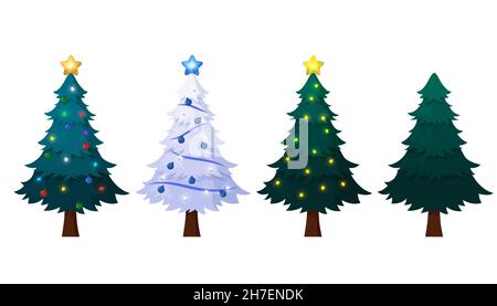 Beautiful Christmas Tree Collection with Star, ribbon Decorations And Light Bulbs Vector Illustration Stock Vector