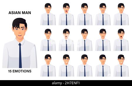 Asian Businessman Wearing White Shirt 15 Emotions And Facial Expressions, Happy, Sad, Excited, Smiling Premium Vector Stock Vector
