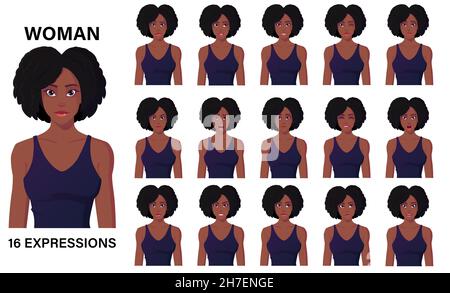 Beautiful Cartoon Black Woman Character In Dress 16 Emotions And Facial Expressions Premium Vector Stock Vector