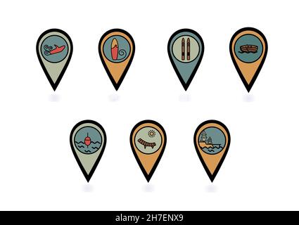 Markers for marking route points on the map. Geolocation pins. Entertainment. Fishing, skiing, scooter, boat, beach, surf, pier. For applications Stock Vector