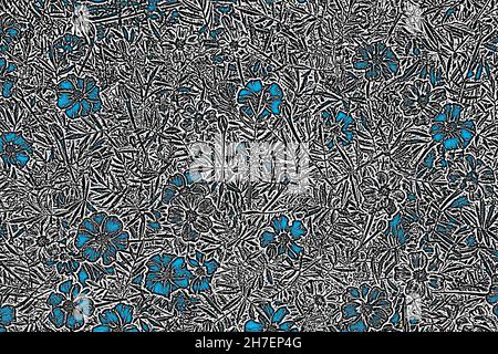 Drawing trendy background of small turquoise flowers on a gray foliage background Stock Photo