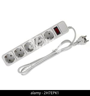 Surge protector, five-port extension cord, on a white background Stock Photo