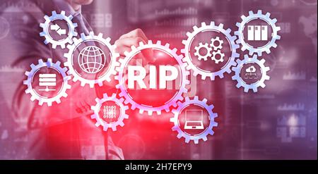 RIP. Businessman pressing virtual screen Routing Information Protocol. Technology networks concept. Stock Photo