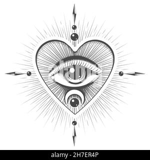 Esoteric Tattoo of All Seeing Eye with mystic symbols in Rays of Light. Vector illustration Stock Vector