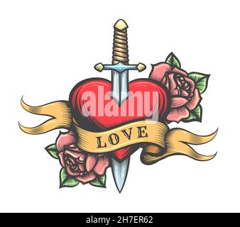 Tattoo of Heart pierced by Sword with Roses and Banner with wording Love. Vector illustration. Stock Vector