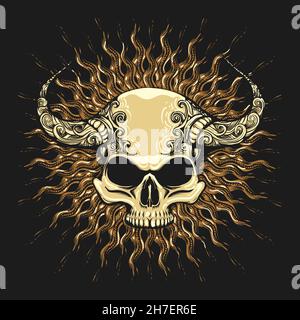 tattoo of Skull with Horns Drawn in Engraving Style isolated on black. Vector illustration. Stock Vector