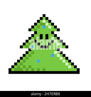 Christmas tree smiling in pixel art style Stock Vector