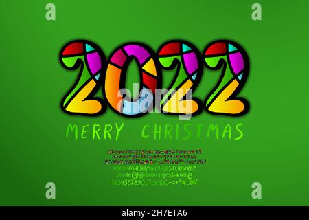 Green Decorative poster Merry Christmas. Cartoon numbers mosaic style and handwritten alphabet. Funny fonts sets. Stock Vector