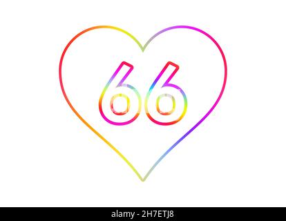 Number 66 into a white heart with rainbow color outline. Stock Photo