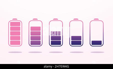 Gradient colored icons of batteries on light pink backdrop Stock Vector
