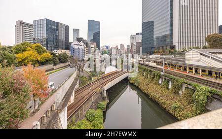 Ochanomizu Station is located in Chiyoda Ward, Tokyo, on the bank of Kanda River, between Yushima Seido and Holy Resurrection Cathedral. Stock Photo