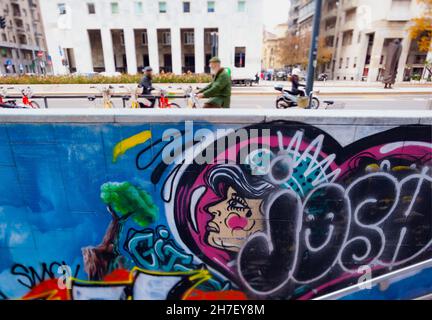 Milan, Italy - November, 16: View of the urban graffiti on the wall of Repubblica underground station on November 16, 2021 Stock Photo