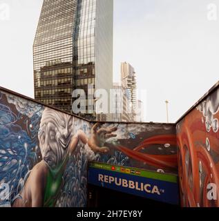 Milan, Italy - November, 16: View of the Repubblica railway station and the Diamond Tower on the background on November 16, 2021 Stock Photo