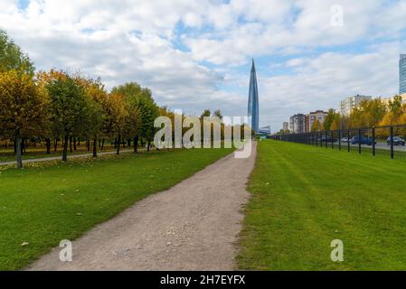 Autumn Park named after the 300th anniversary of St. Petersburg with a view of the Lakhta Center. Saint-Petersburg. Russia. Stock Photo