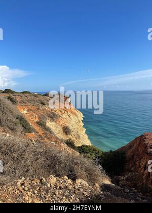 Aerial view fishermen's trail algarve portugal lagos Porto Mós Praia da Luz beach Rocha Negra. Stock Photo