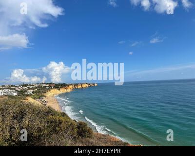 Aerial view fishermen's trail algarve portugal lagos Porto Mós Praia da Luz beach Rocha Negra. Stock Photo