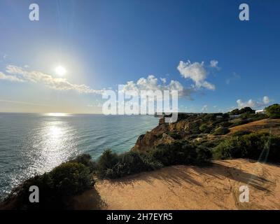 Aerial view fishermen's trail algarve portugal lagos Porto Mós Praia da Luz beach Rocha Negra. Stock Photo