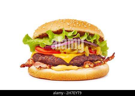 Tasty burger classic american hamburger on white background Stock Photo