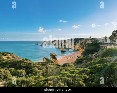 Aerial view fishermen's trail algarve portugal lagos Porto Mós Praia da Luz beach Rocha Negra. Stock Photo