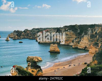 Aerial view fishermen's trail algarve portugal lagos Porto Mós Praia da Luz beach Rocha Negra. Stock Photo