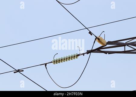 High Voltage Power Line Insulators Intersection Abstract Stock Photo