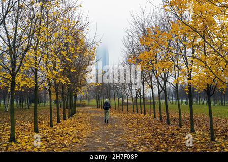 Autumn Park named after the 300th anniversary of St. Petersburg with a view of the Lakhta Center. Saint-Petersburg. Russia. Stock Photo